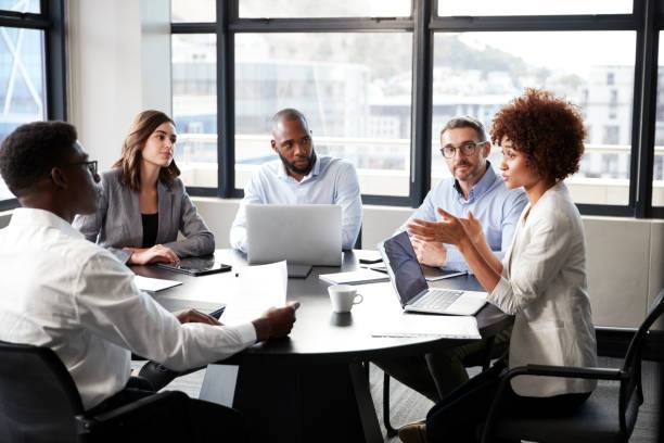 People meeting around conference table, woman discussing